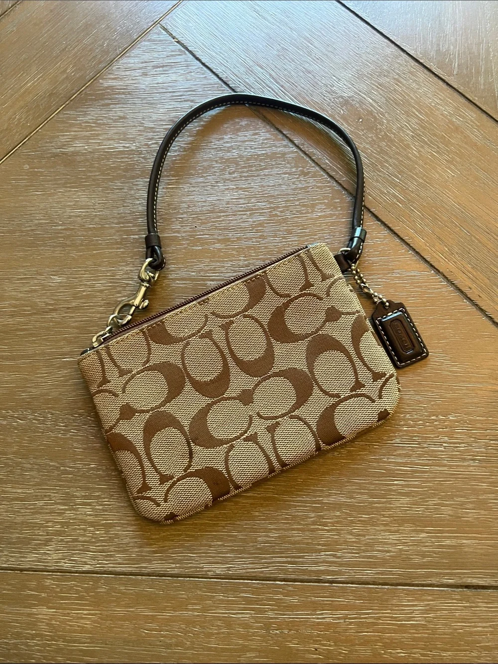 Coach Tan and Brown Signature Canvas Wristlet
